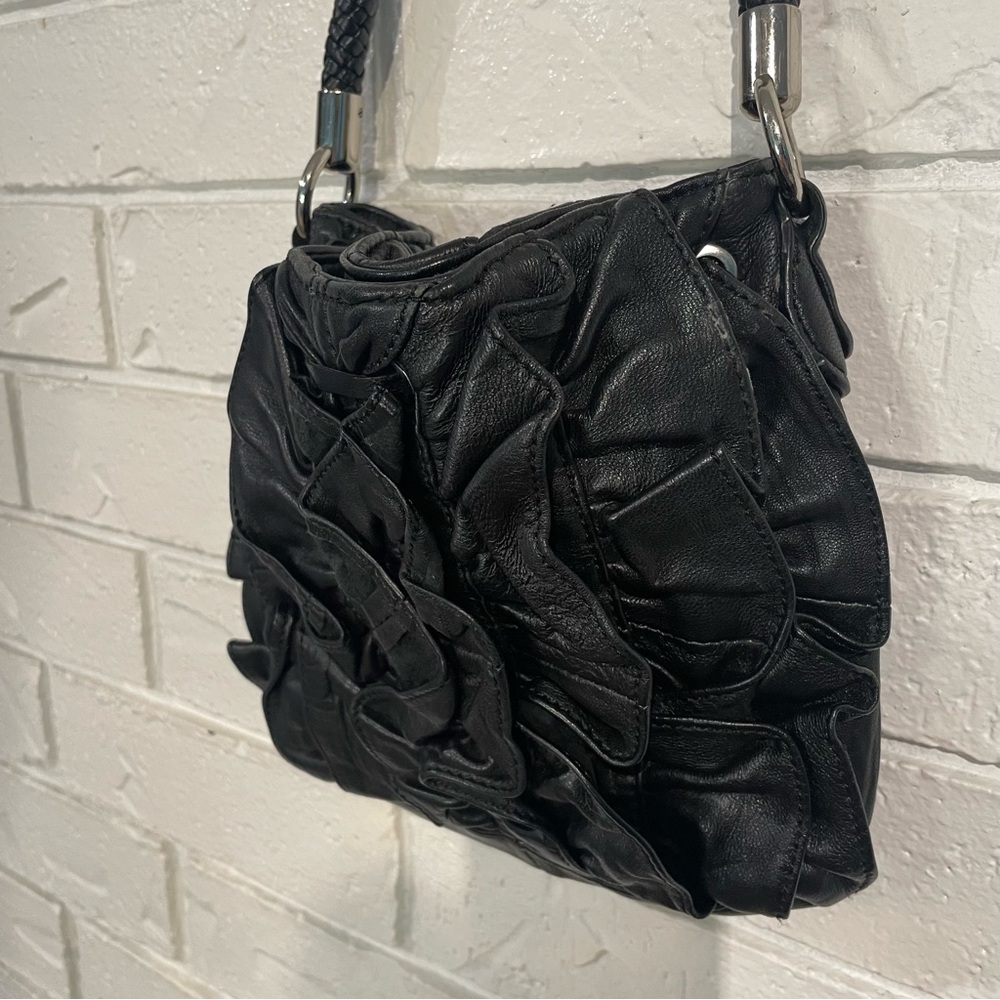Adrienne Vittadini Black Leather Anabelle Ruffled Mini Purse